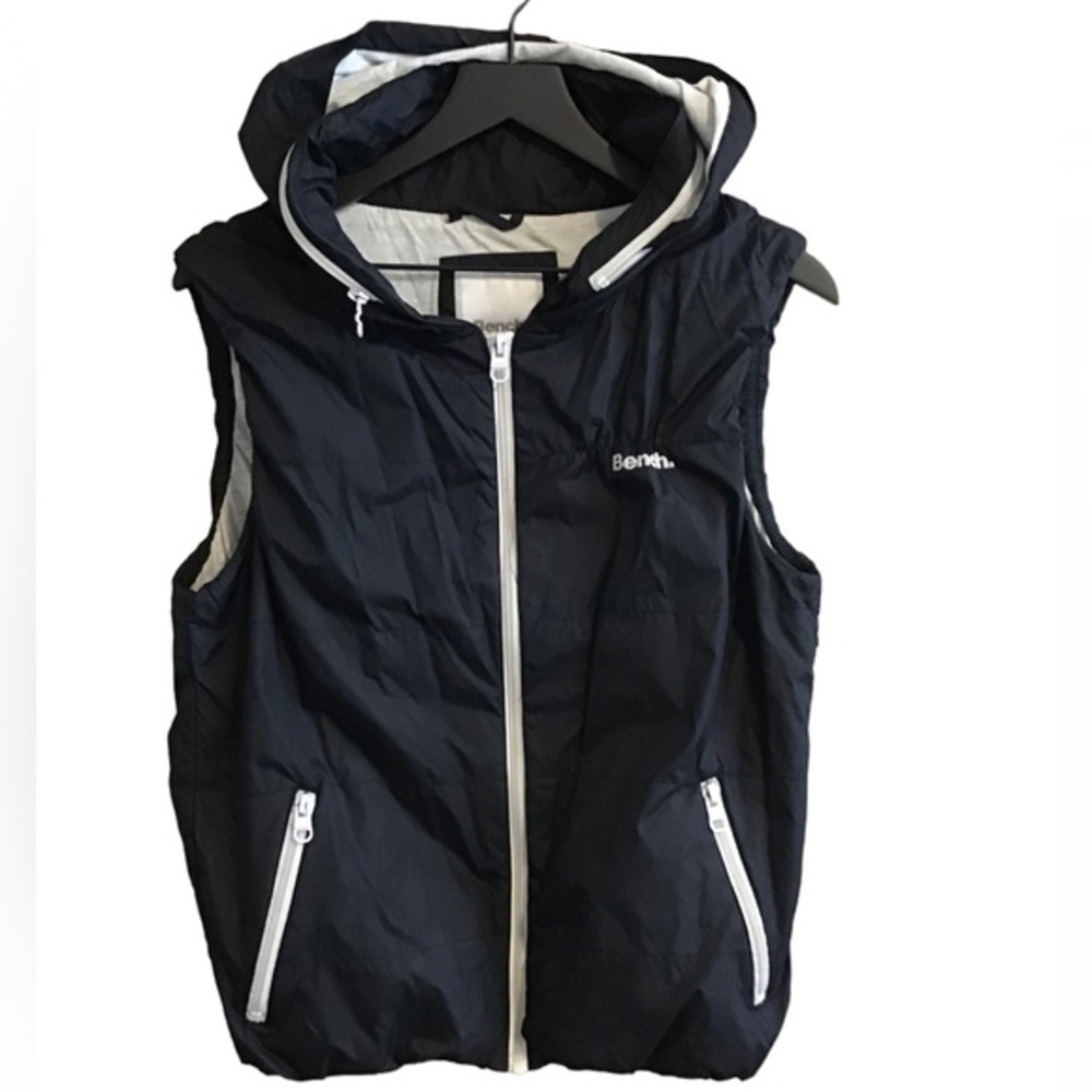 bench black gray nylon vest reversible hood full zip up jacket coat buckle L